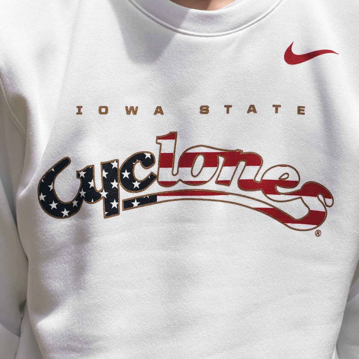 Nike Patriotic Script SU26 White Crewneck Sweatshirt design close up